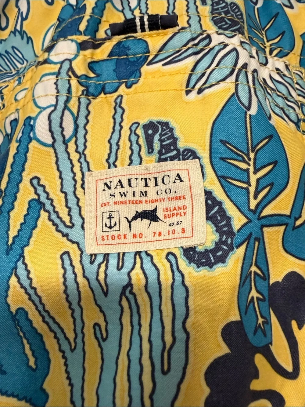 Nautica Mens L Swim Trunks Yellow Blue Tropical Print Mesh Lined 7 Inseam